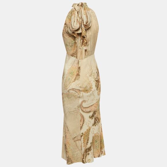 Roberto Cavalli Beige Paisley Print Silk Neck Tie Detail Dress Xs - Picture 2 of 5